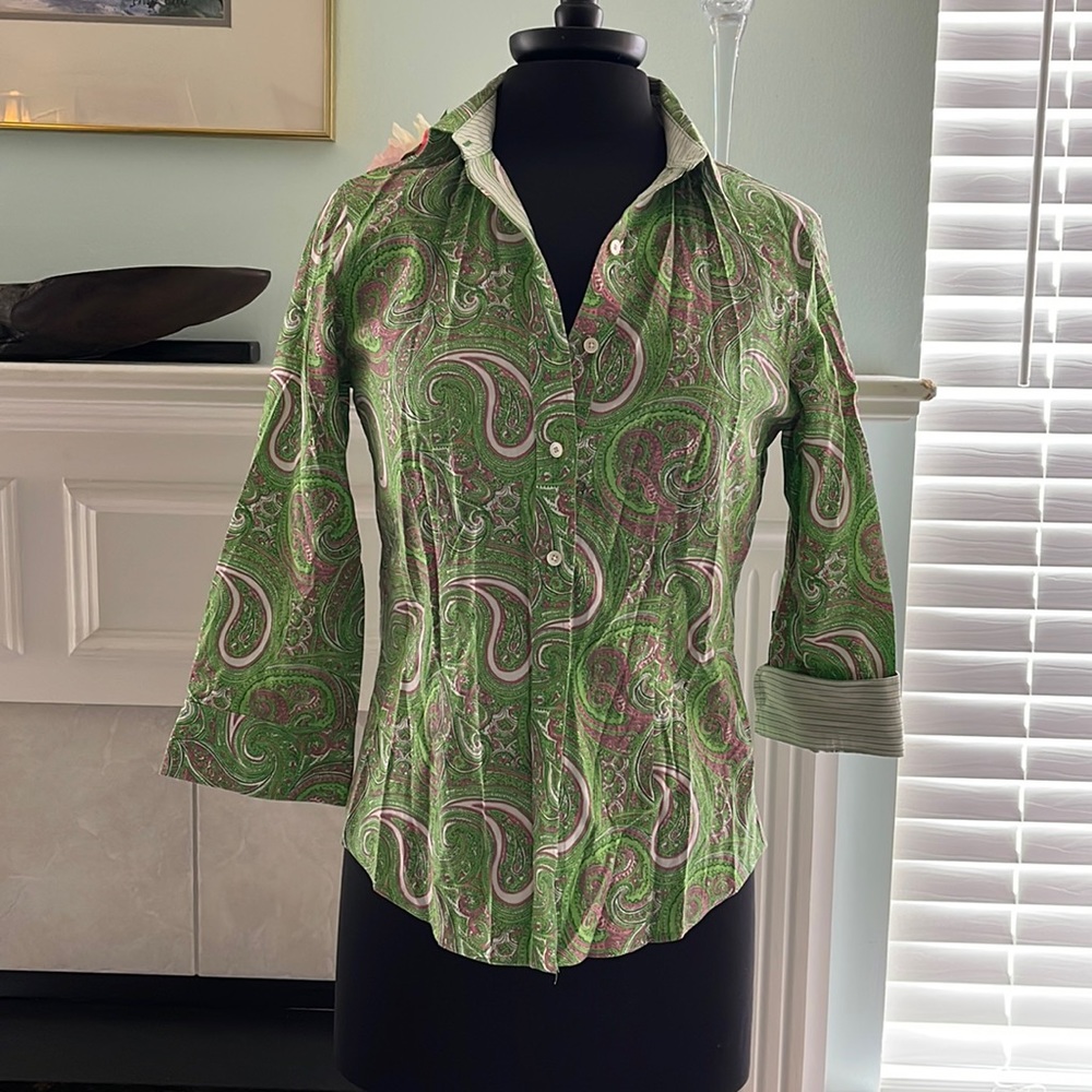 Talbots 3/4 sleeve pink and green paisley oxford Size 6